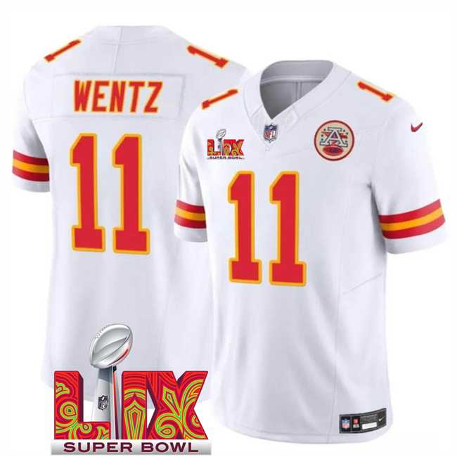 Men & Women & Youth Kansas City Chiefs #11 Carson Wentz White 2025 Super Bowl LIX Patch F.U.S.E. Vapor Limited Stitched Jersey